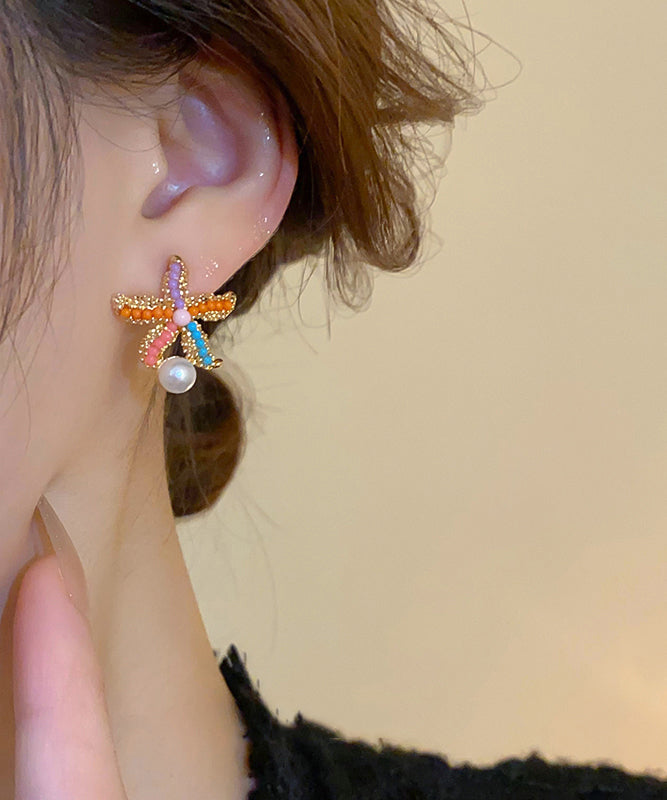 Boho Rainbow Alloy Zircon Pearl Starfish Stud Earrings