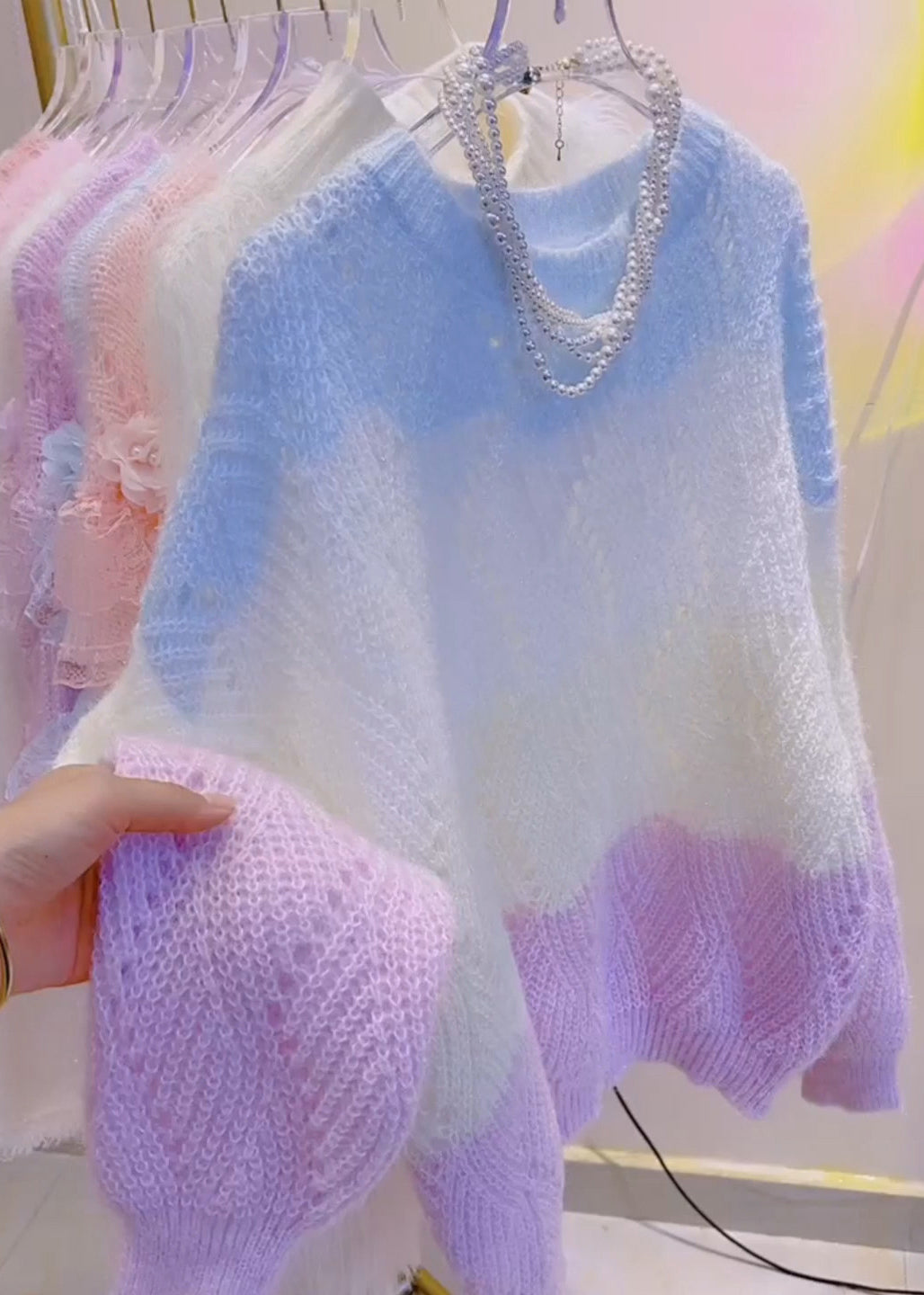 Boho Rainbow Oversized Hollow Out Knit Shirts Fall