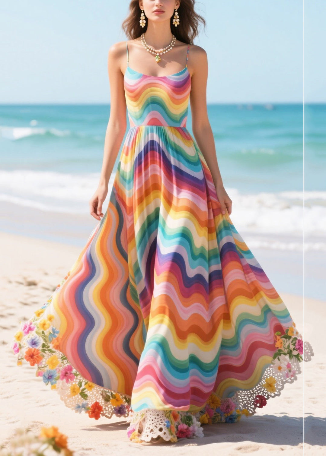 Boho Rainbow Patchwork Flower Lace Chiffon Sundress Summer