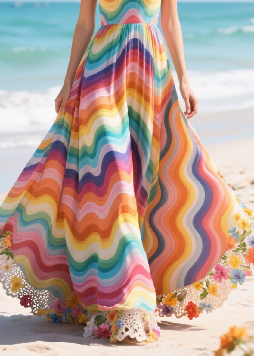 Boho Rainbow Patchwork Flower Lace Chiffon Sundress Summer