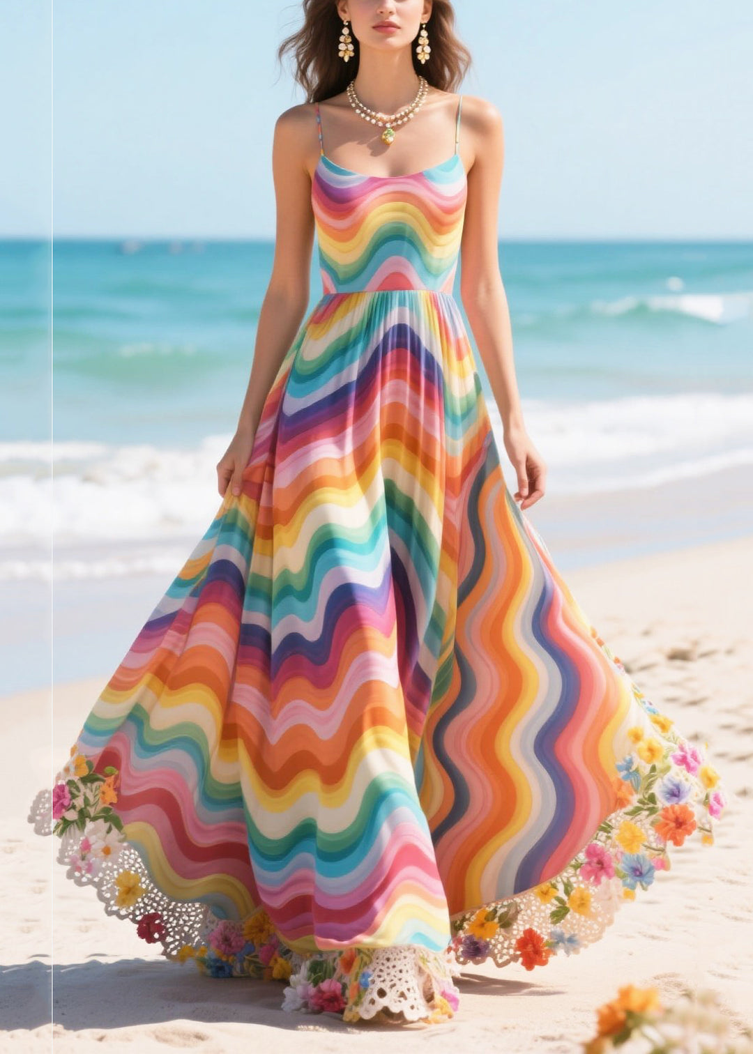 Boho Rainbow Patchwork Flower Lace Chiffon Sundress Summer