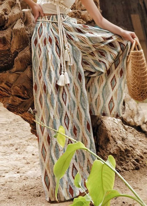 Boho Rainbow Plaid Elastic Waist Wide Leg Pants Summer