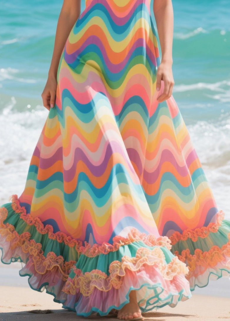 Boho Rainbow Ruffled Striped Chiffon Holiday Dress Summer