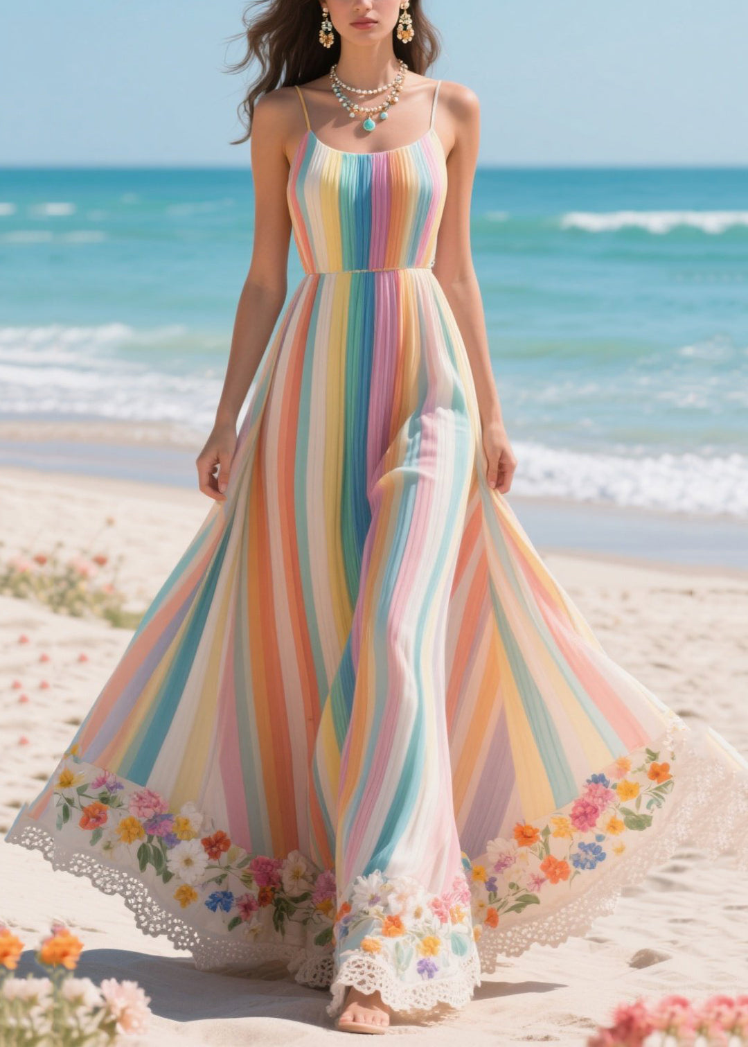 Boho Rainbow Striped Patchwork Exra Large Hem Chiffon Holiday Dresses Summer