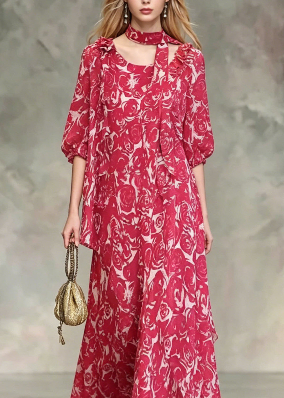 Boho Red Asymmetrical Design Floral Chiffon Dresses Summer