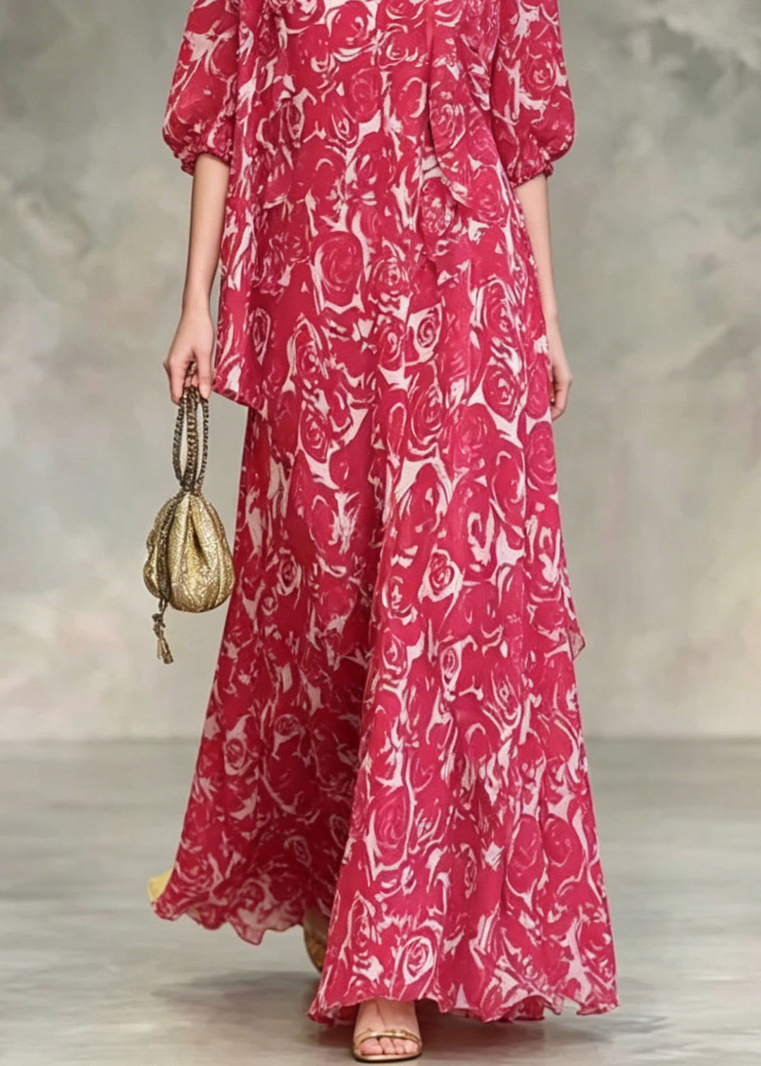 Boho Red Asymmetrical Design Floral Chiffon Dresses Summer