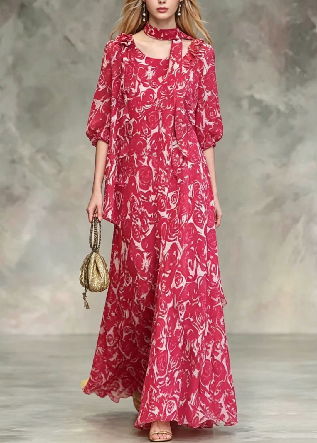 Boho Red Asymmetrical Design Floral Chiffon Dresses Summer