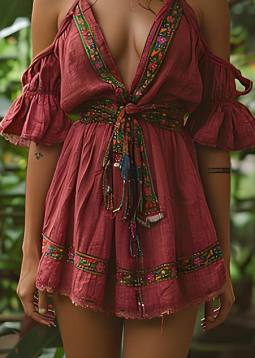Boho Red Cold Shoulder Lace Up Patchwork Cotton Mid Dresses Summer