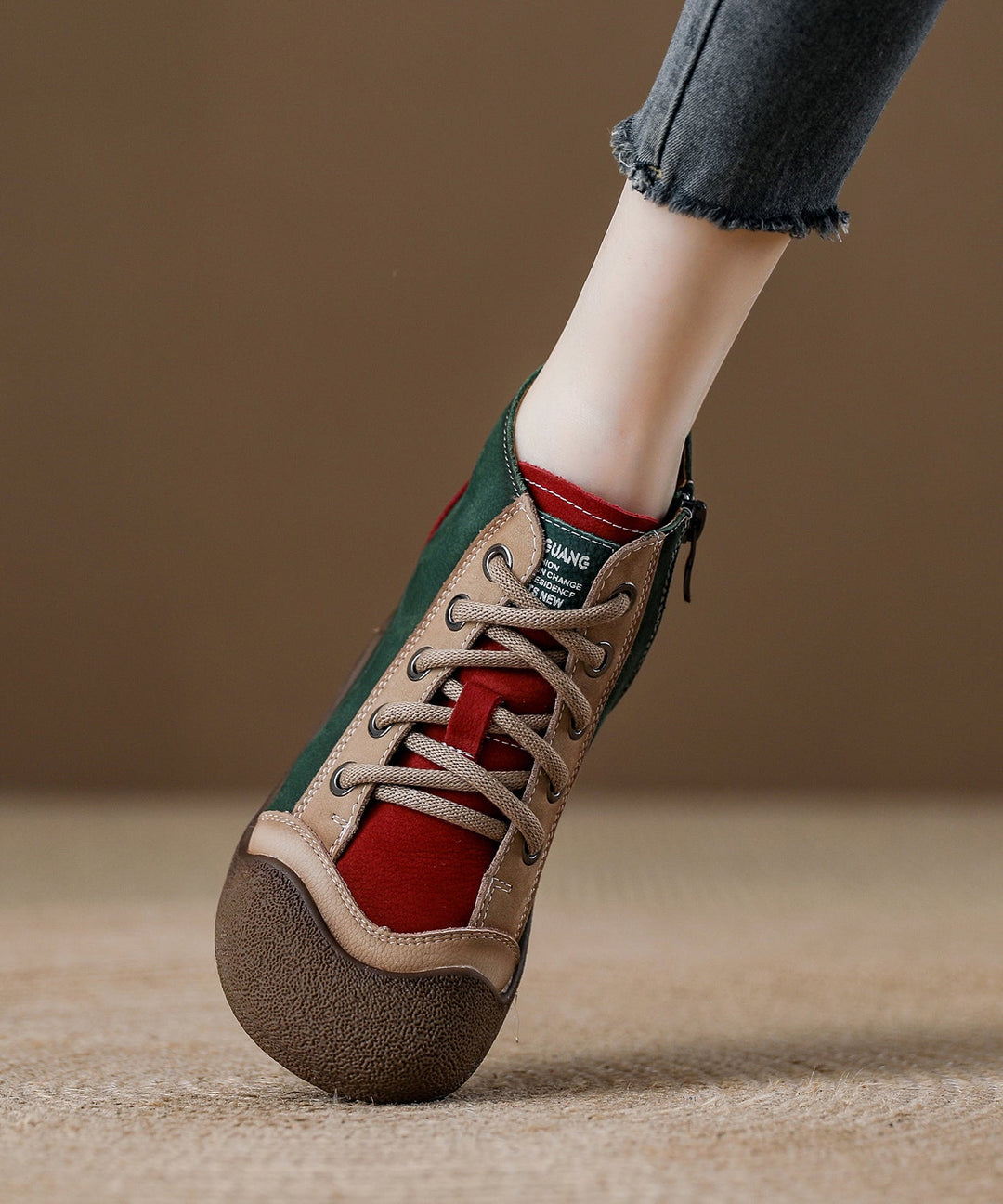 Boho Red Cowhide Leather Splicing Lace Up Boots