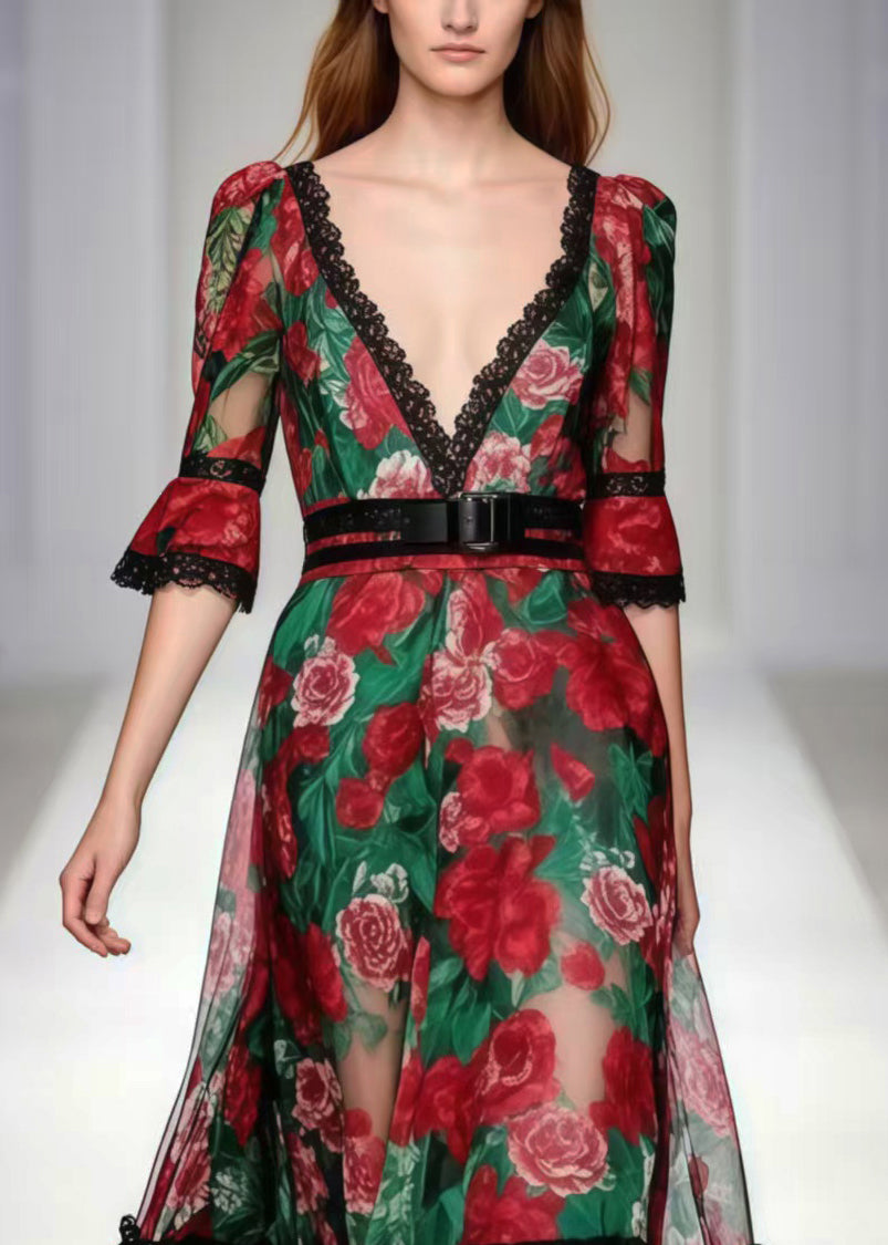 Boho Red Deep-V Neck Floral Print Chiffon Party Dress Summer