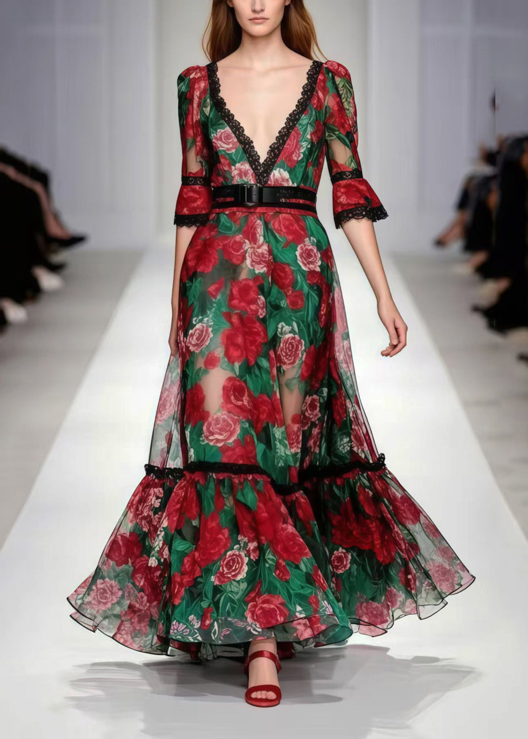 Boho Red Deep-V Neck Floral Print Chiffon Party Dress Summer