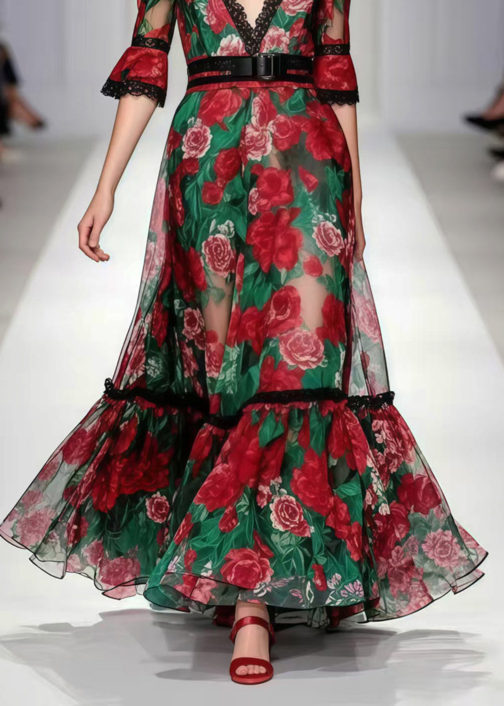 Boho Red Deep-V Neck Floral Print Chiffon Party Dress Summer