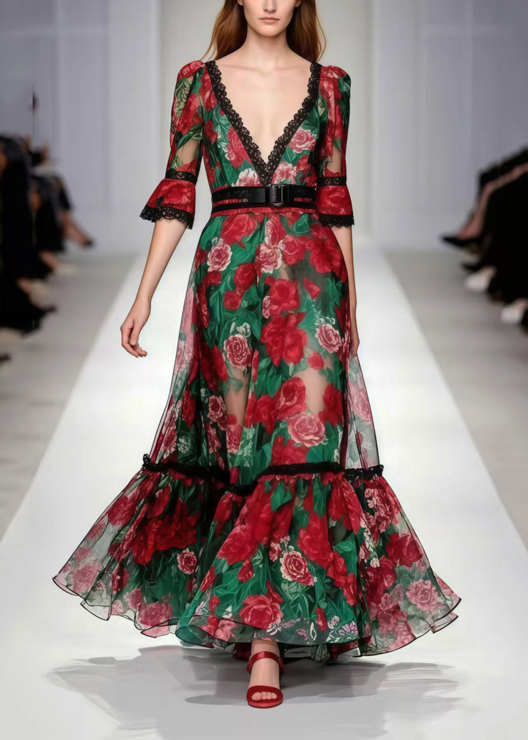Boho Red Deep-V Neck Floral Print Chiffon Party Dress Summer