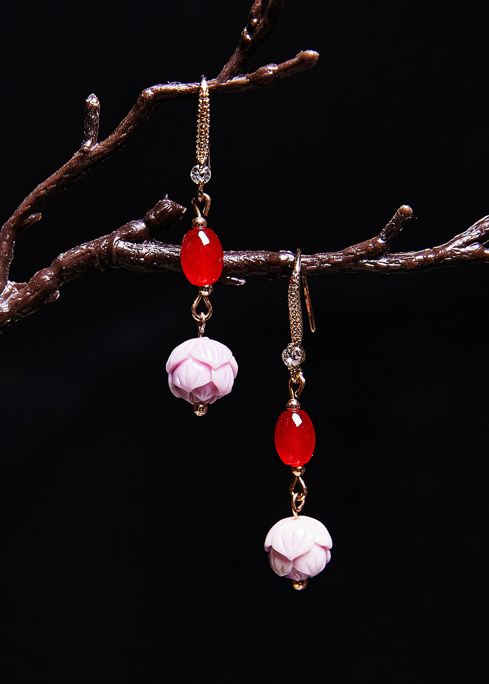 Boho Red Gem Fine Lotus Flower Stone Drop Earrings