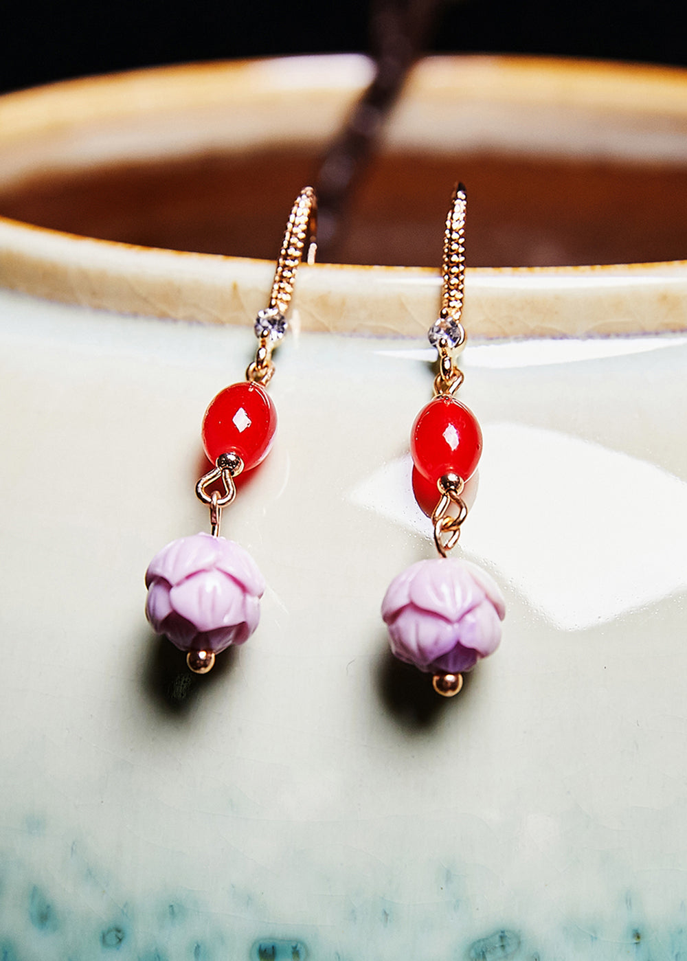 Boho Red Gem Fine Lotus Flower Stone Drop Earrings