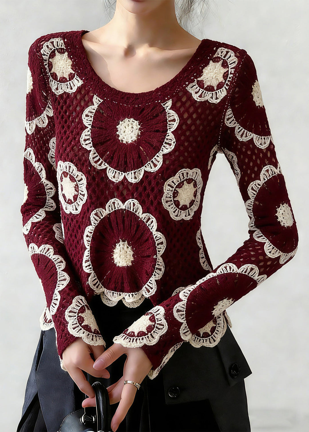 Boho Red O-Neck Hollow Out Knit Top Spring