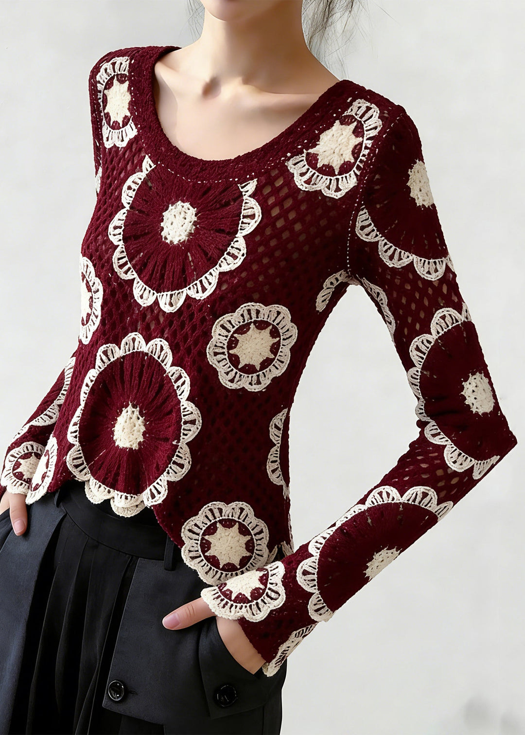Boho Red O-Neck Hollow Out Knit Top Spring