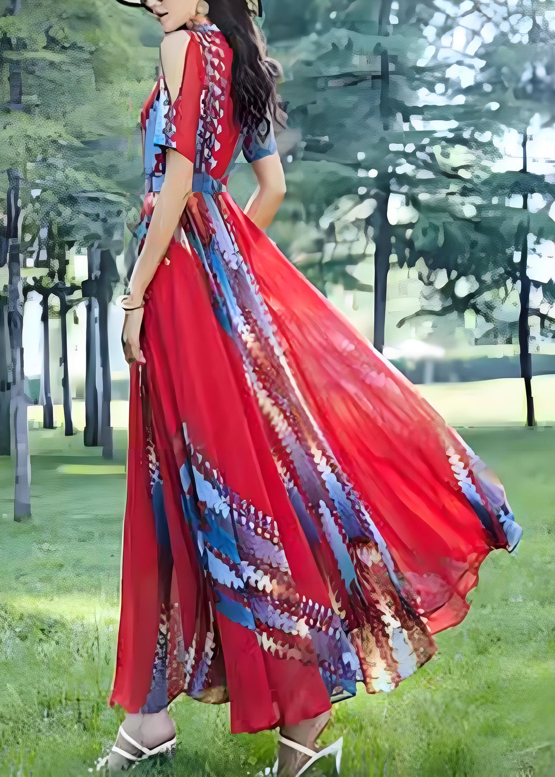Boho Red O Neck Print Chiffon Long Dress Summer