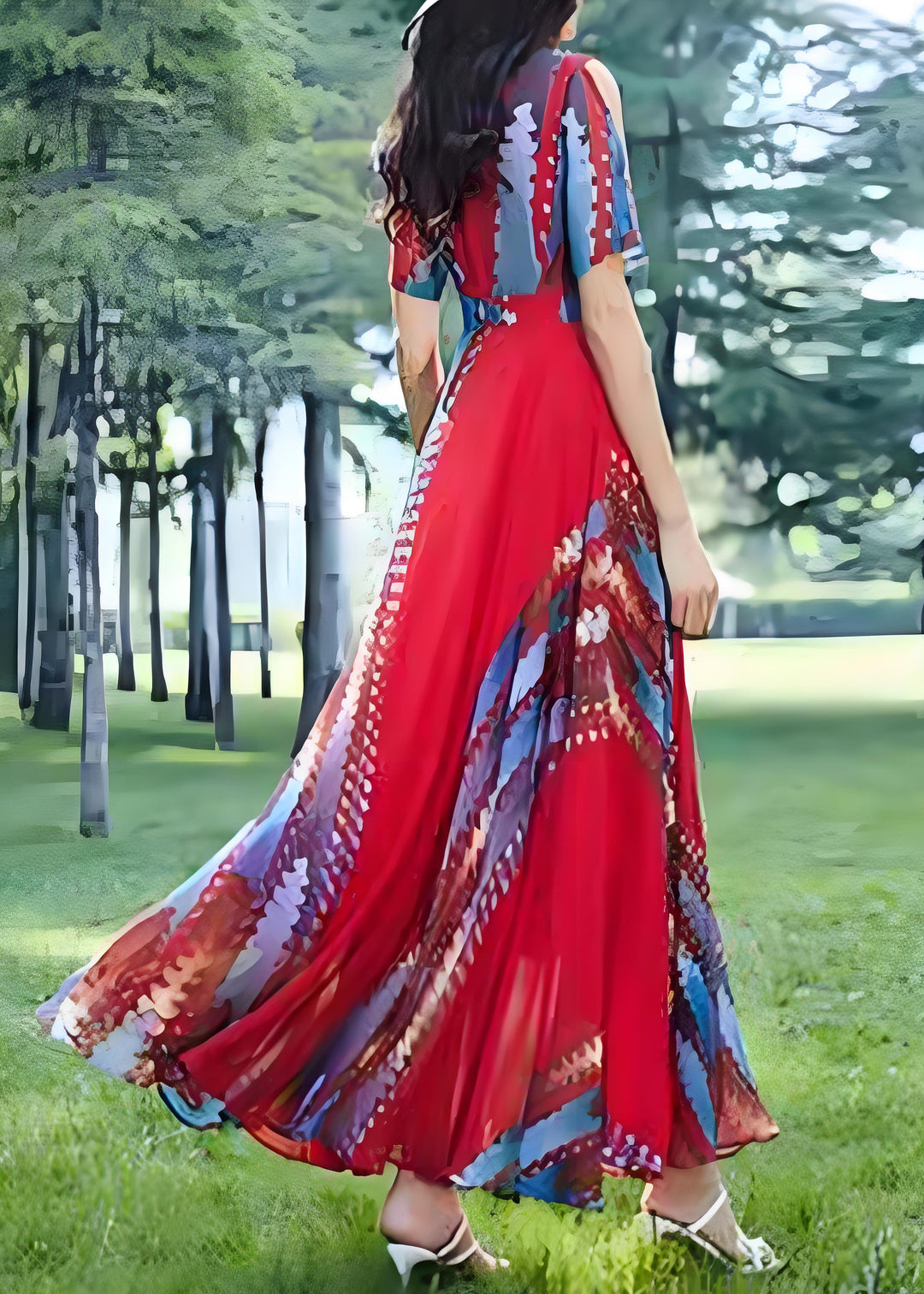 Boho Red O Neck Print Chiffon Long Dress Summer