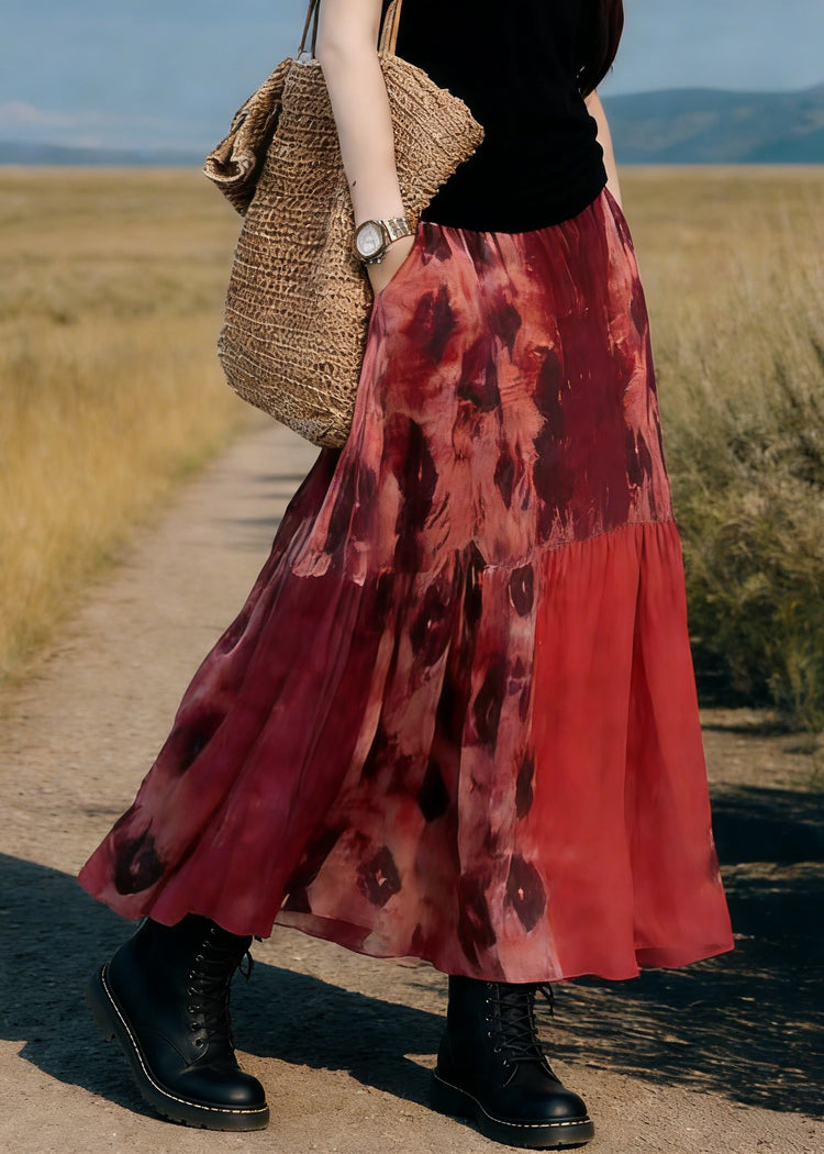 Boho Red Pockets Print Elastic Waist Maxi Skirt Spring - Omychic