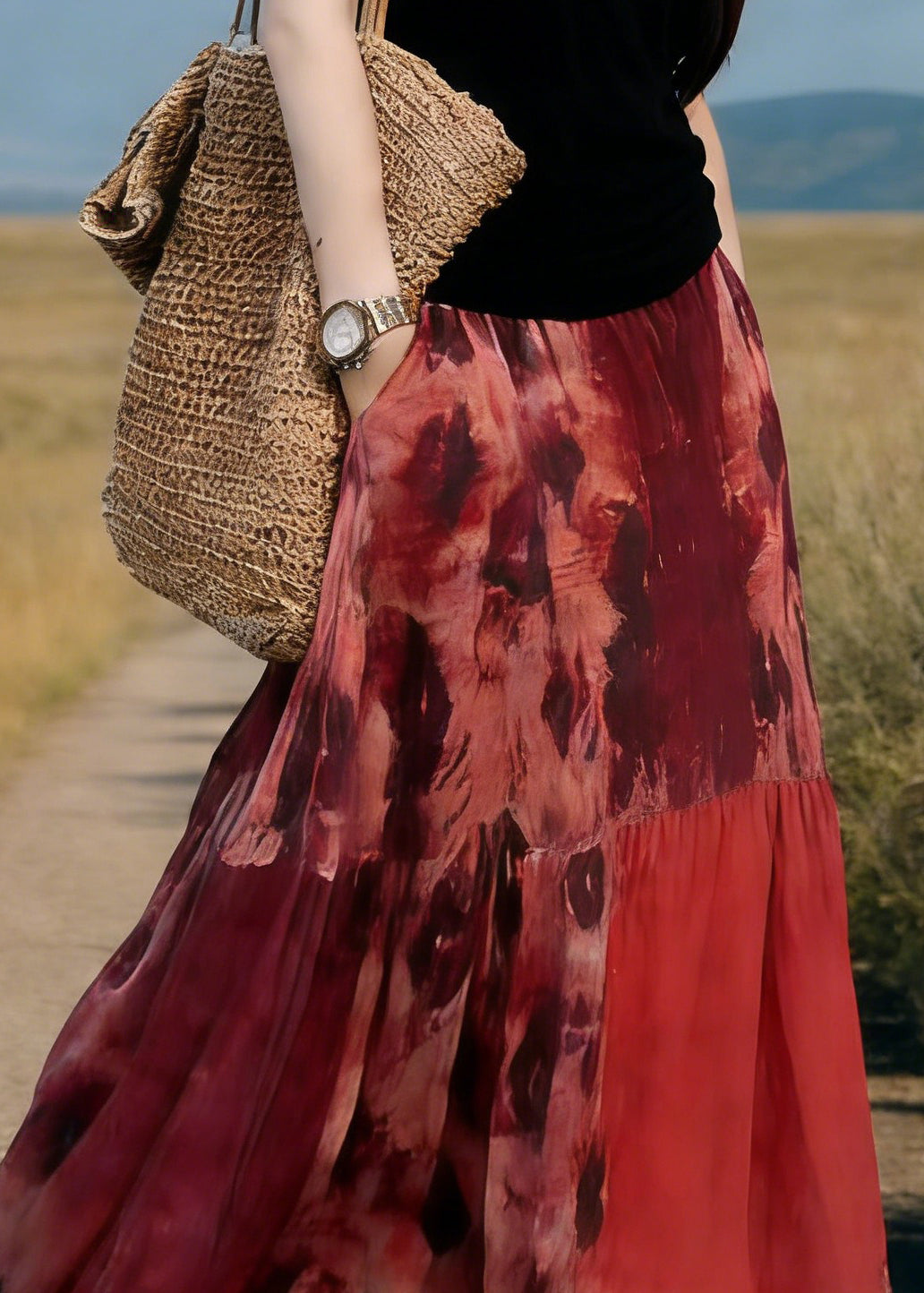 Boho Red Pockets Print Elastic Waist Maxi Skirt Spring - Omychic