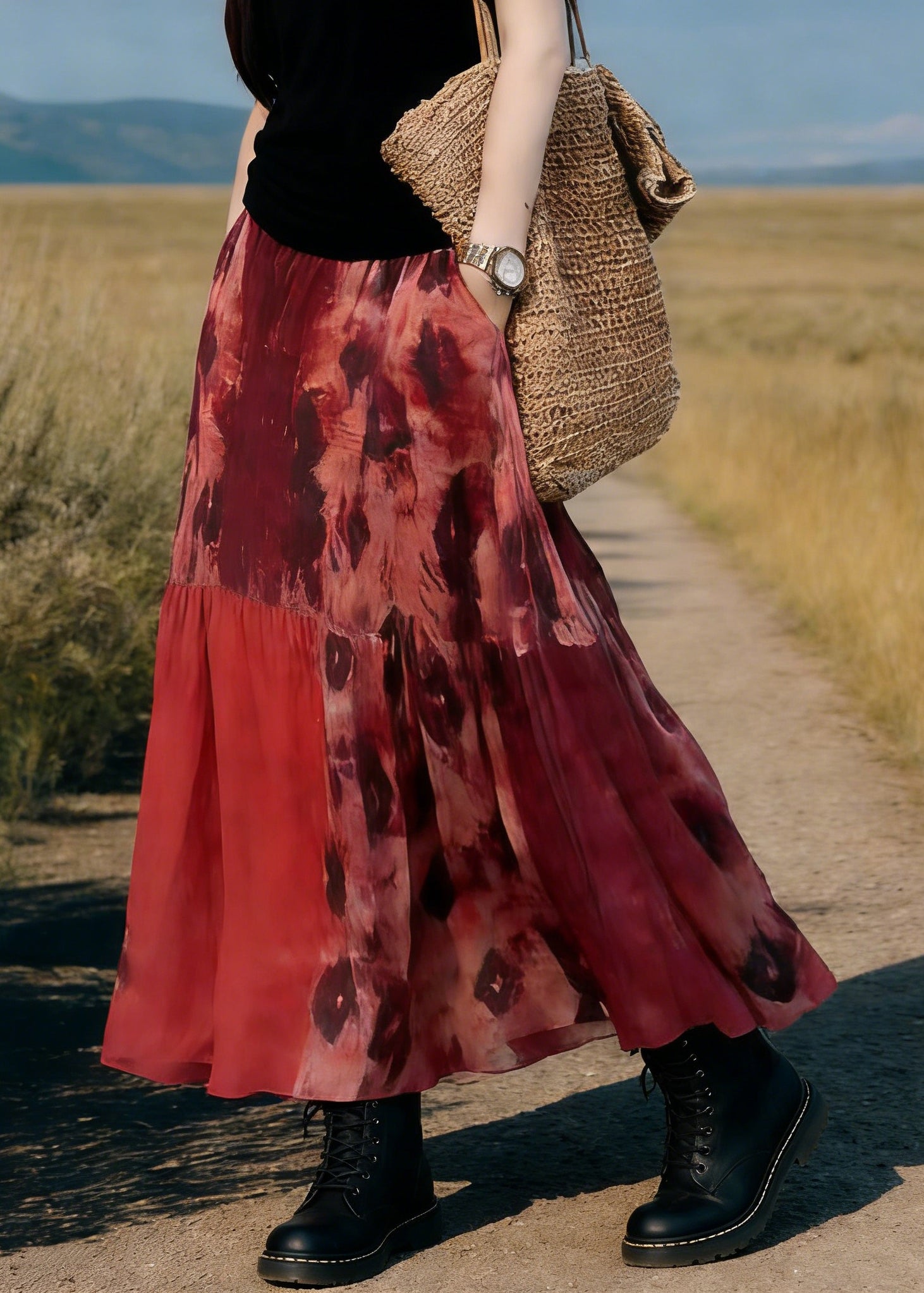 Boho Red Pockets Print Elastic Waist Maxi Skirt Spring - Omychic