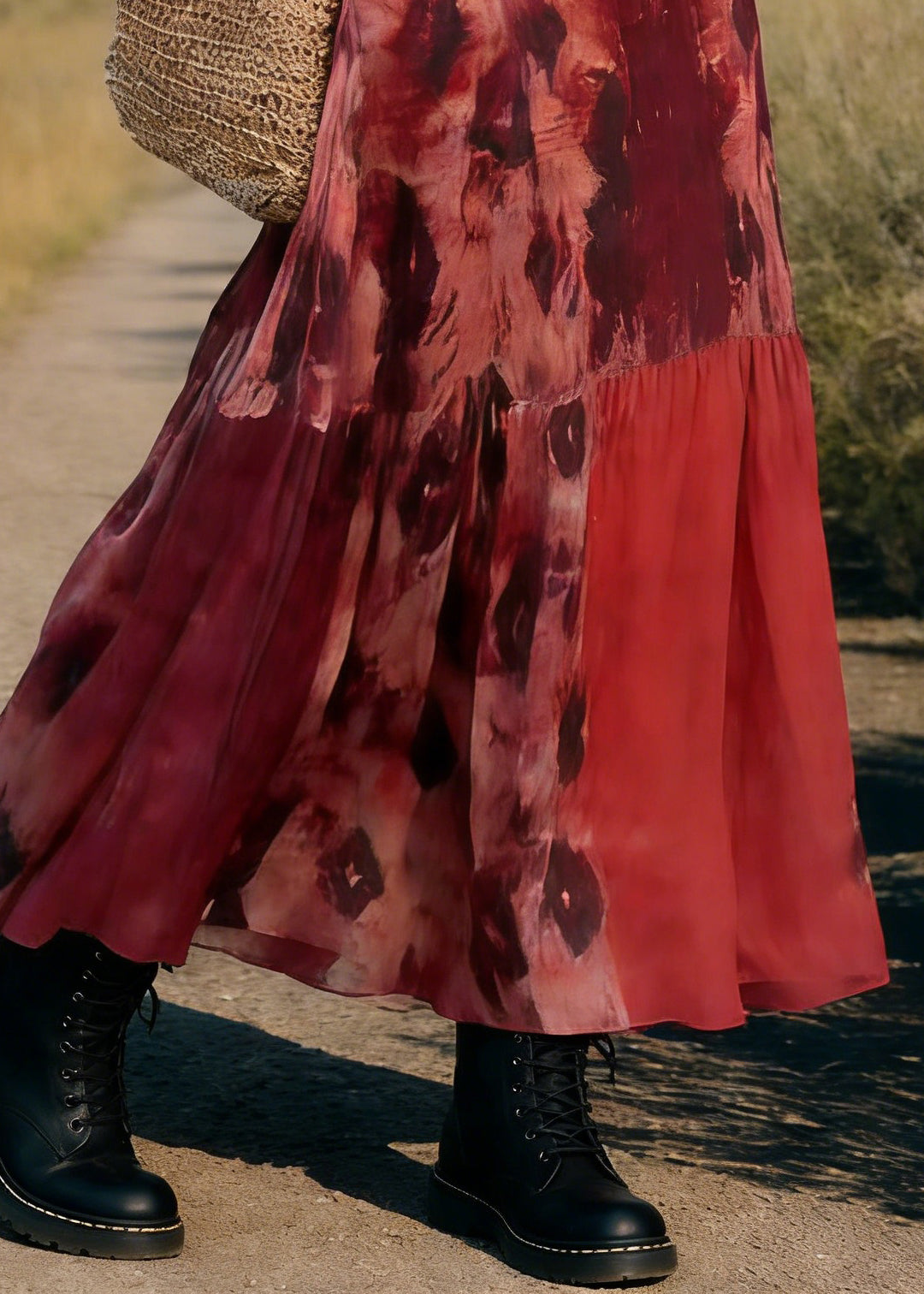 Boho Red Pockets Print Elastic Waist Maxi Skirt Spring - Omychic