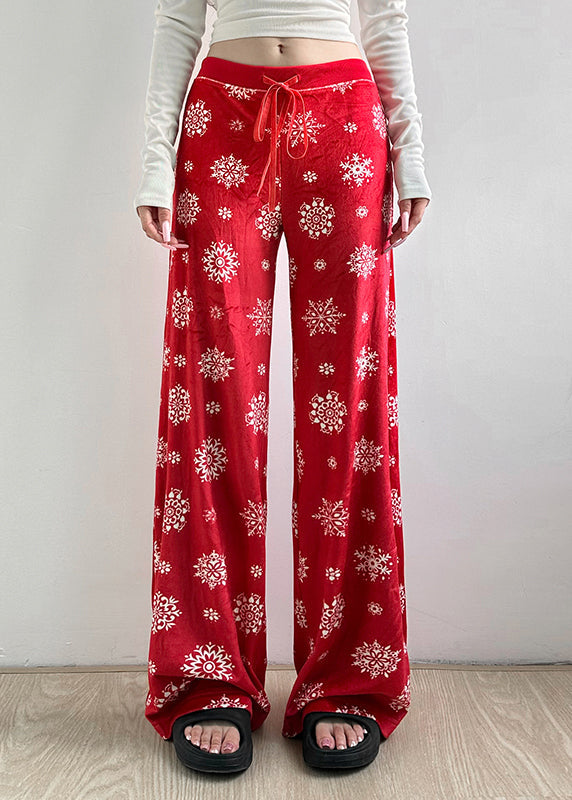 Boho Red Print Tie Waist Silk Velvet Straight Pants Fall