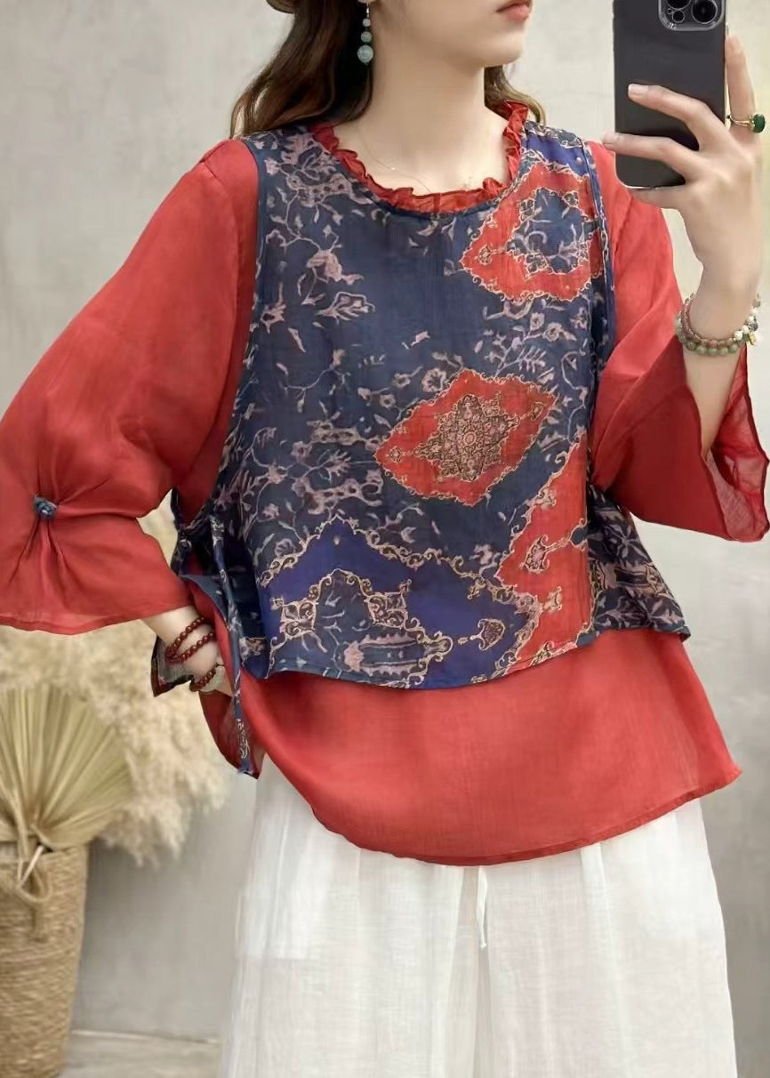 Boho Red Ruffled Patchwork Linen Blouse Top Bracelet Sleeve
