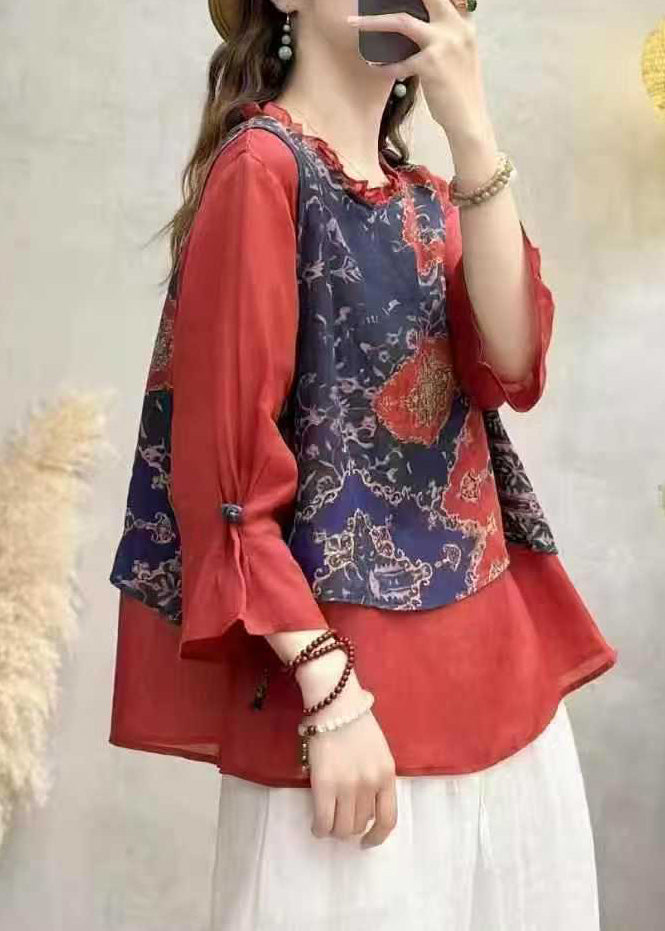 Boho Red Ruffled Patchwork Linen Blouse Top Bracelet Sleeve