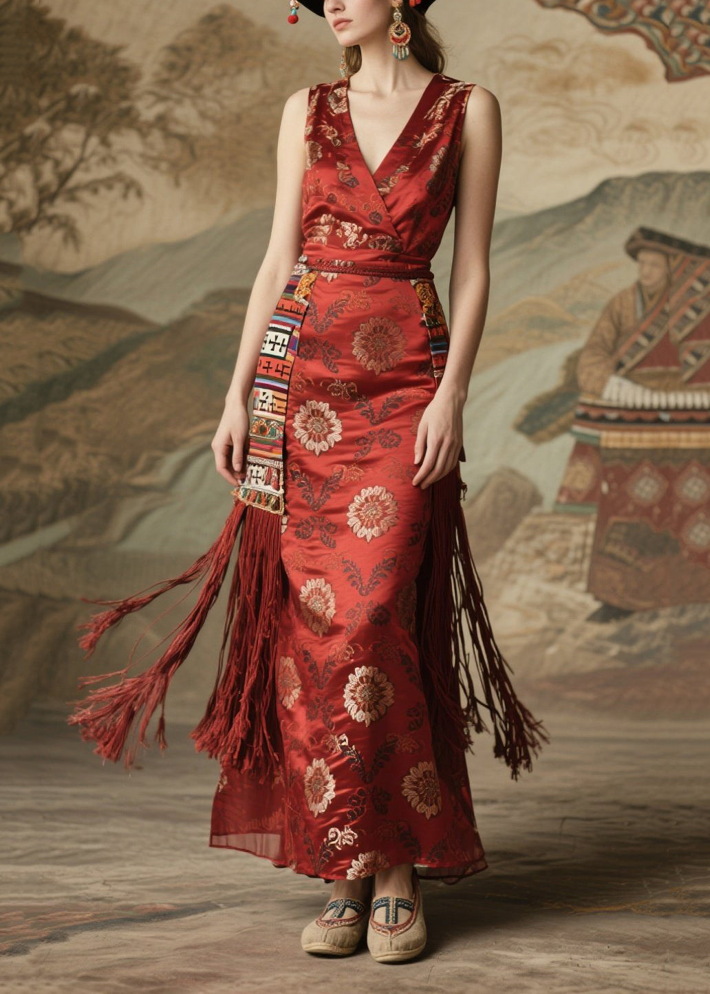 Boho Red Tasseled Print Silk Long Dress Sleeveless