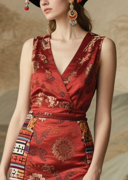 Boho Red Tasseled Print Silk Long Dress Sleeveless