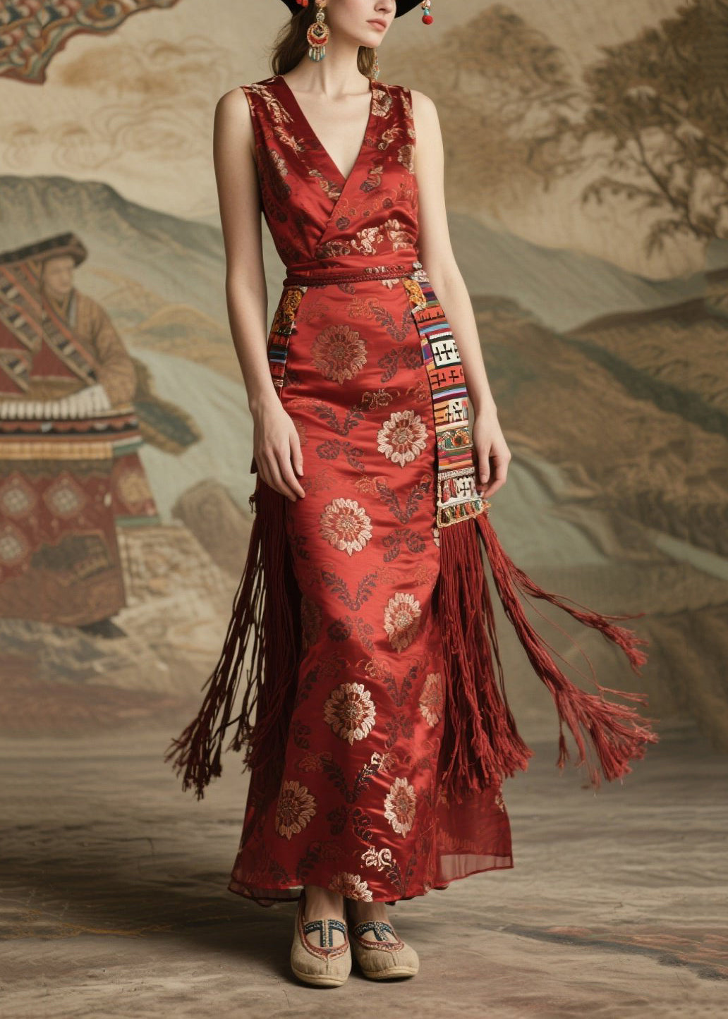 Boho Red Tasseled Print Silk Long Dress Sleeveless
