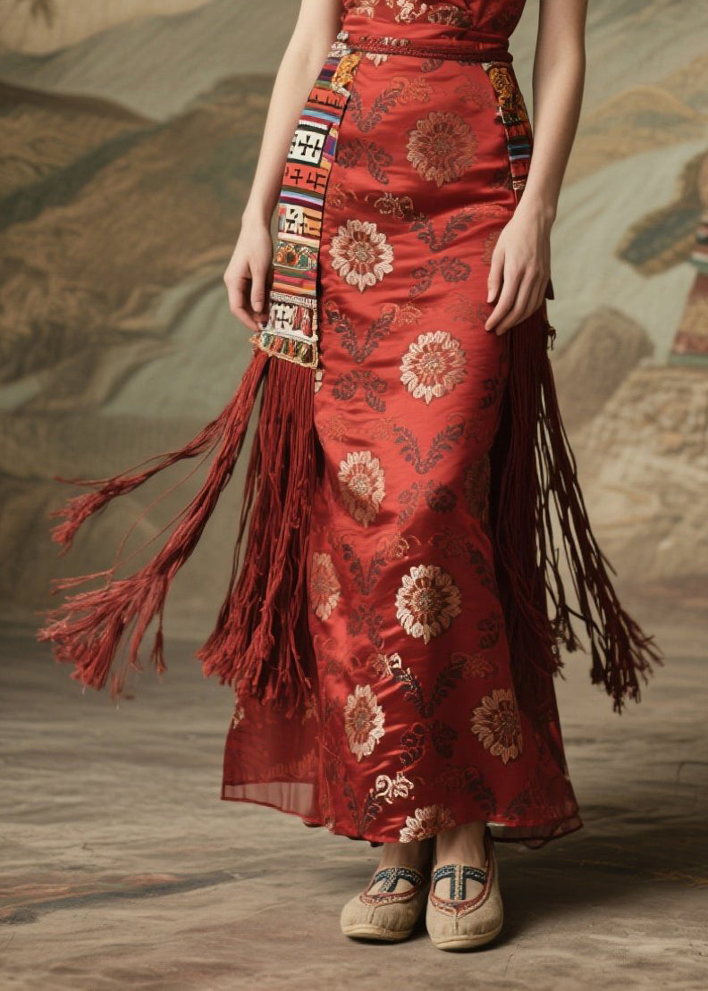 Boho Red Tasseled Print Silk Long Dress Sleeveless