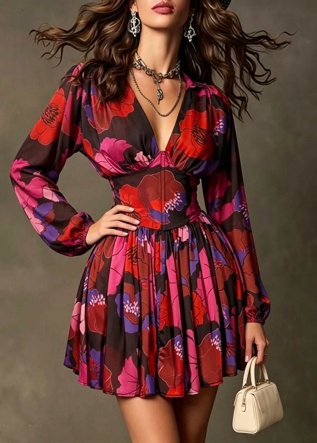 Boho Red V Neck Print Chiffon Shift Dress Summer - Omychic