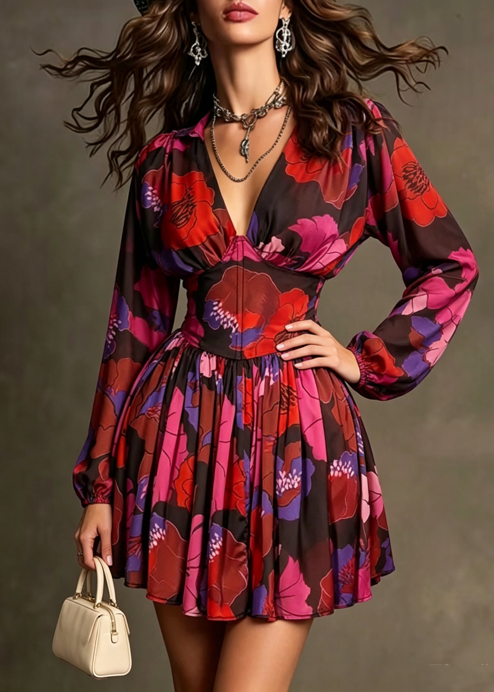 Boho Red V Neck Print Chiffon Shift Dress Summer - Omychic
