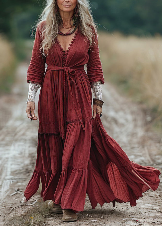 Boho Red V Neck Wrinkled Patchwork Cotton Dresses Spring