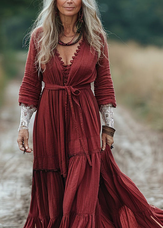 Boho Red V Neck Wrinkled Patchwork Cotton Dresses Spring