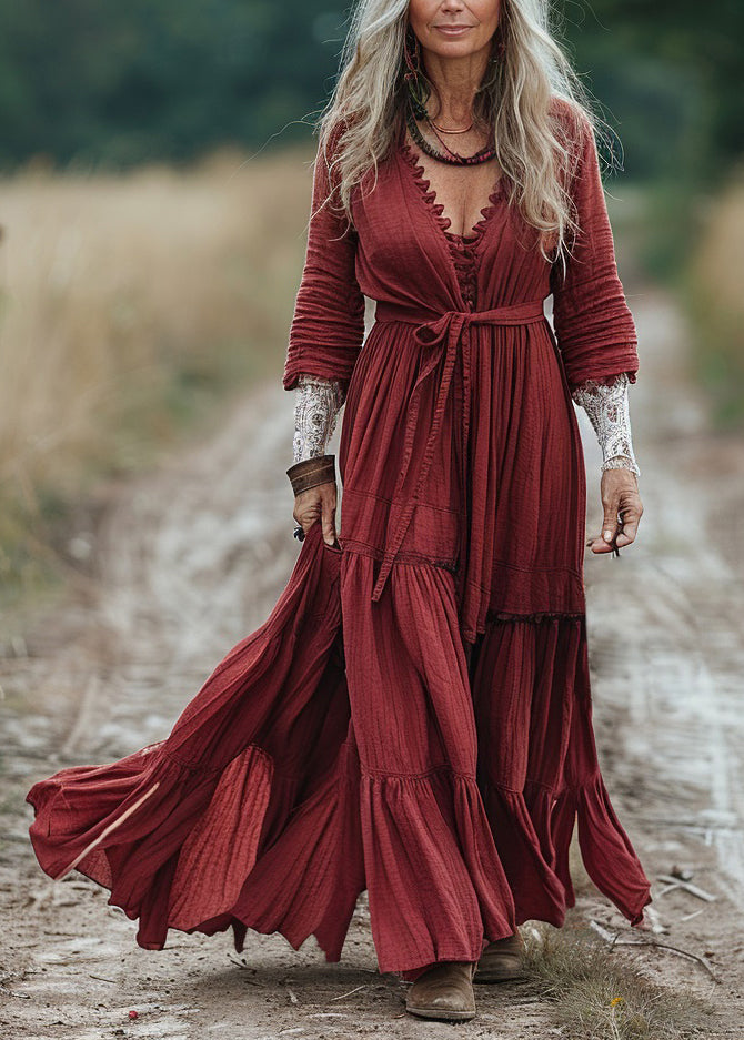 Boho Red V Neck Wrinkled Patchwork Cotton Dresses Spring
