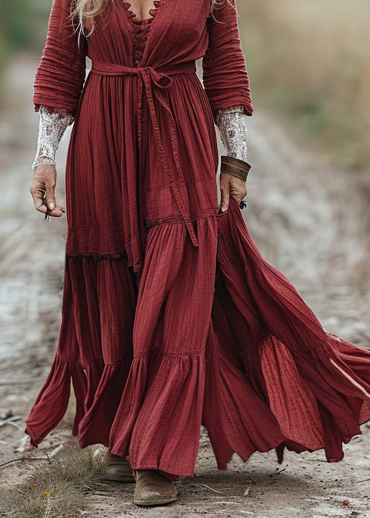 Boho Red V Neck Wrinkled Patchwork Cotton Dresses Spring