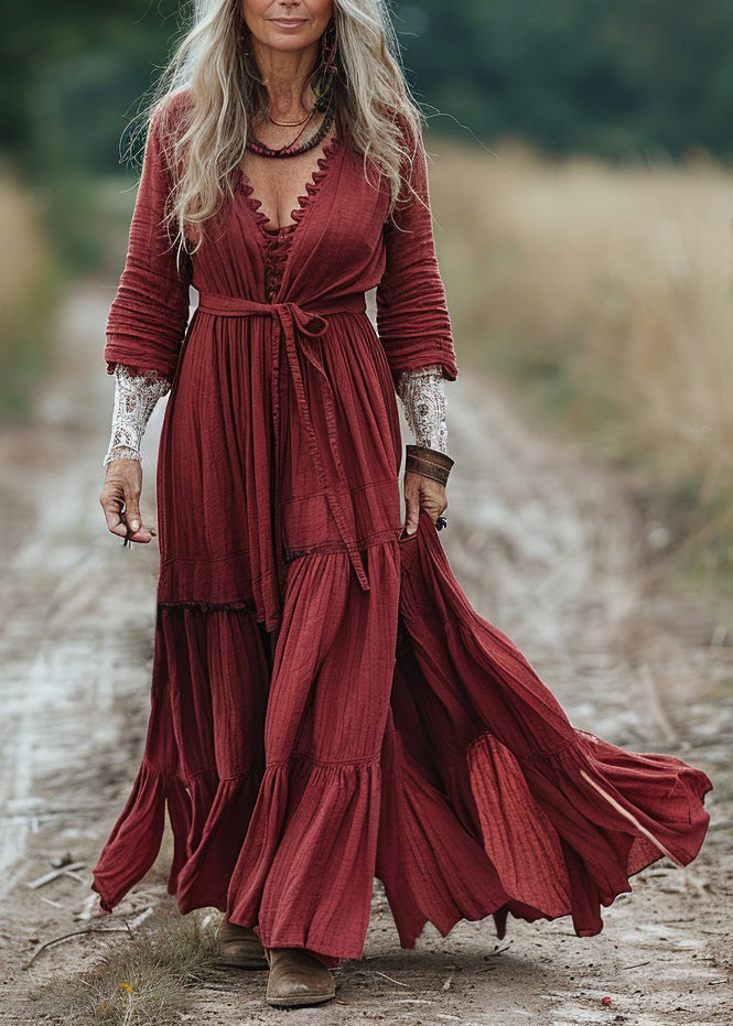 Boho Red V Neck Wrinkled Patchwork Cotton Dresses Spring