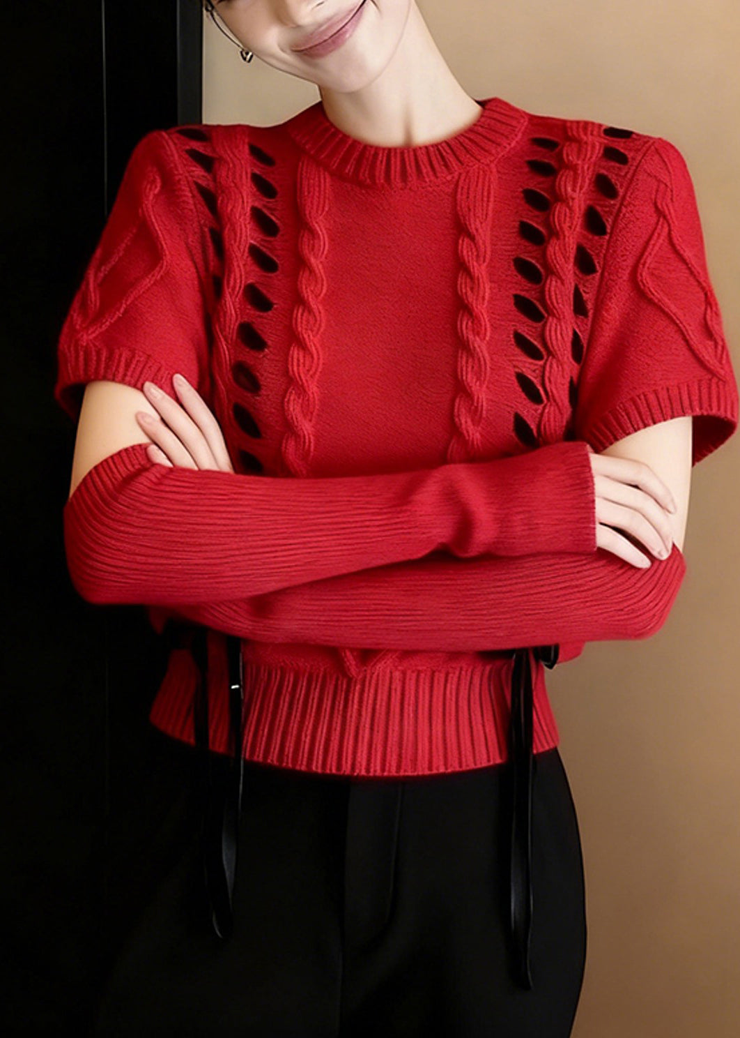 Boho Red Warm Cable Knit Sweater Half Sleeve