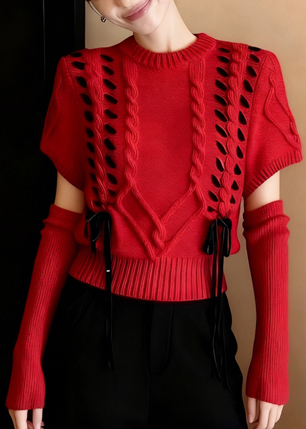 Boho Red Warm Cable Knit Sweater Half Sleeve