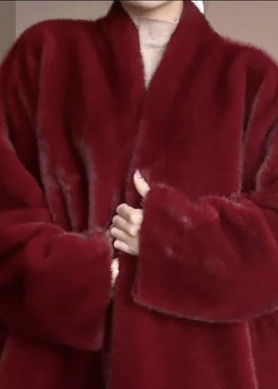 Boho Red Warm Solid Leather And Fur Coats V Neck Winter