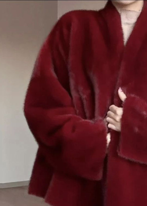 Boho Red Warm Solid Leather And Fur Coats V Neck Winter