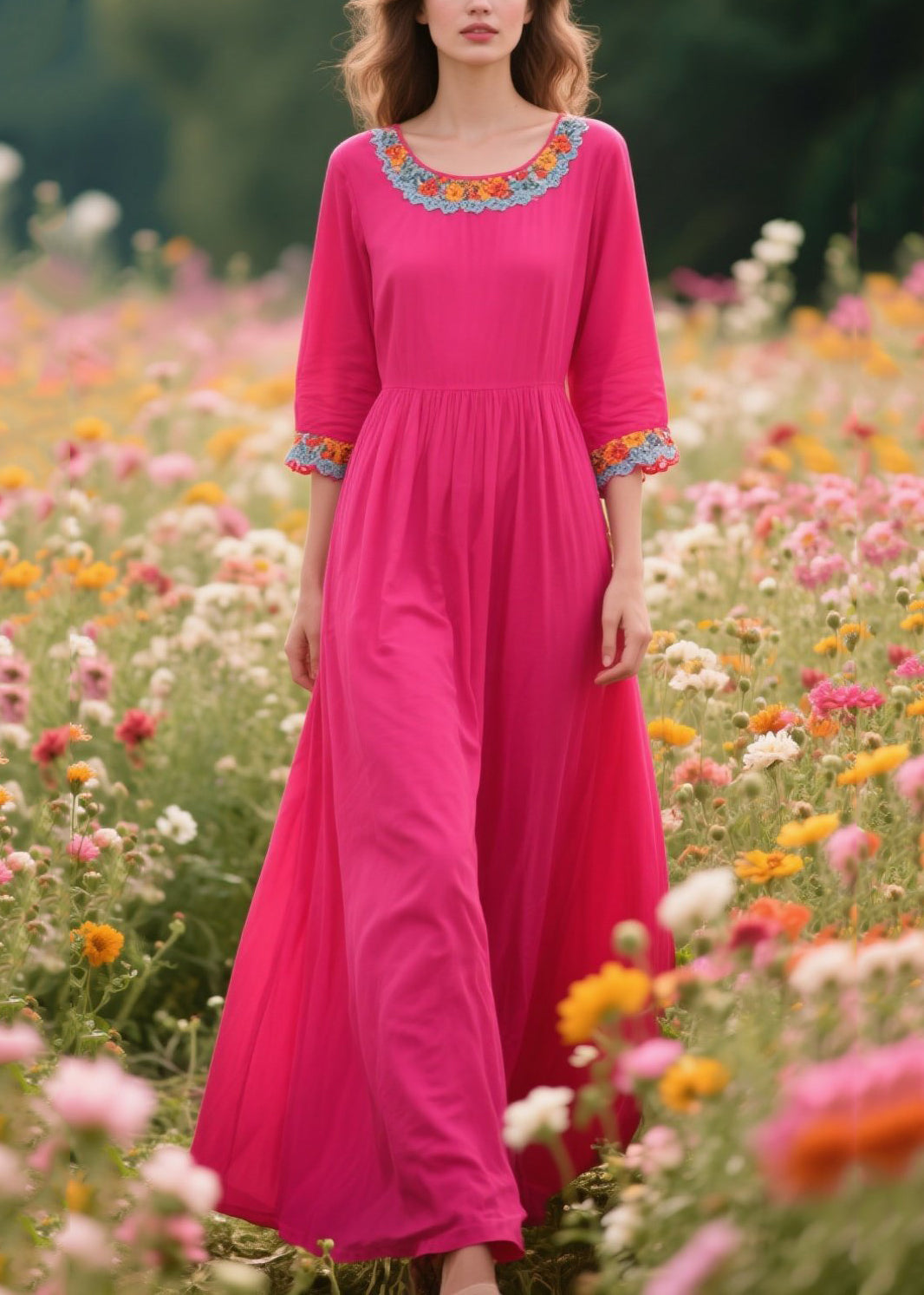 Boho Rose O-Neck Patchwork Lace Cotton Dresses Half Sleeve