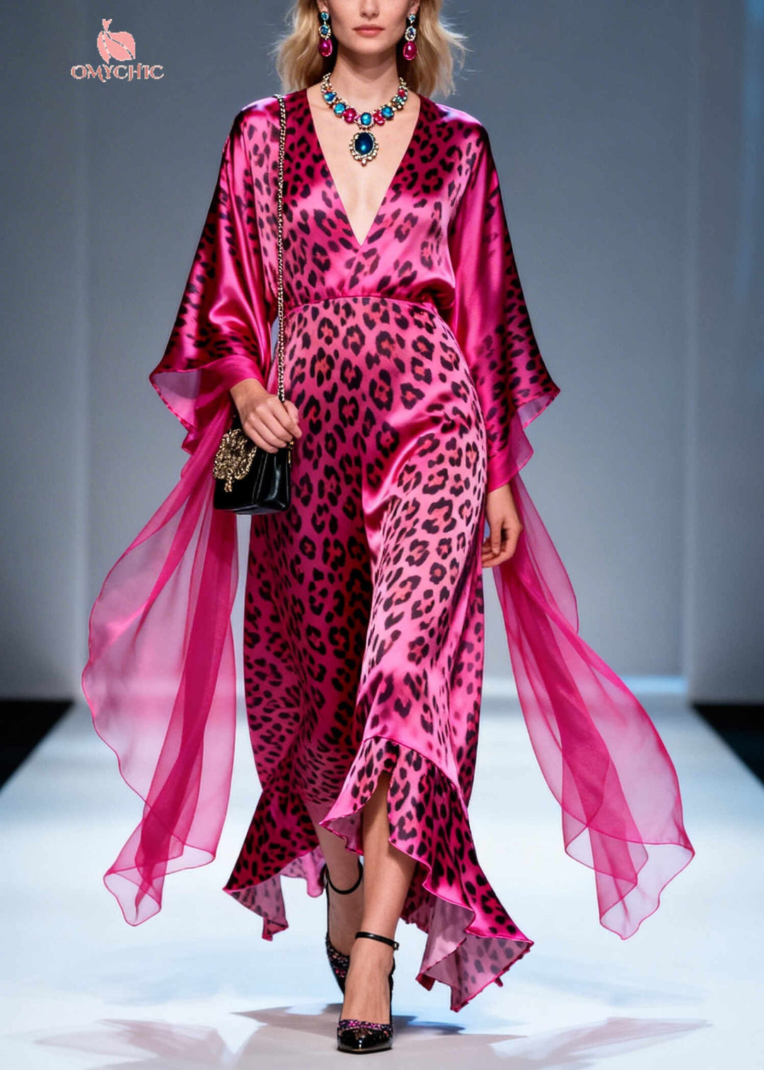 Boho Rose Ruffled Leopard Print Silk Long Dresses Summer