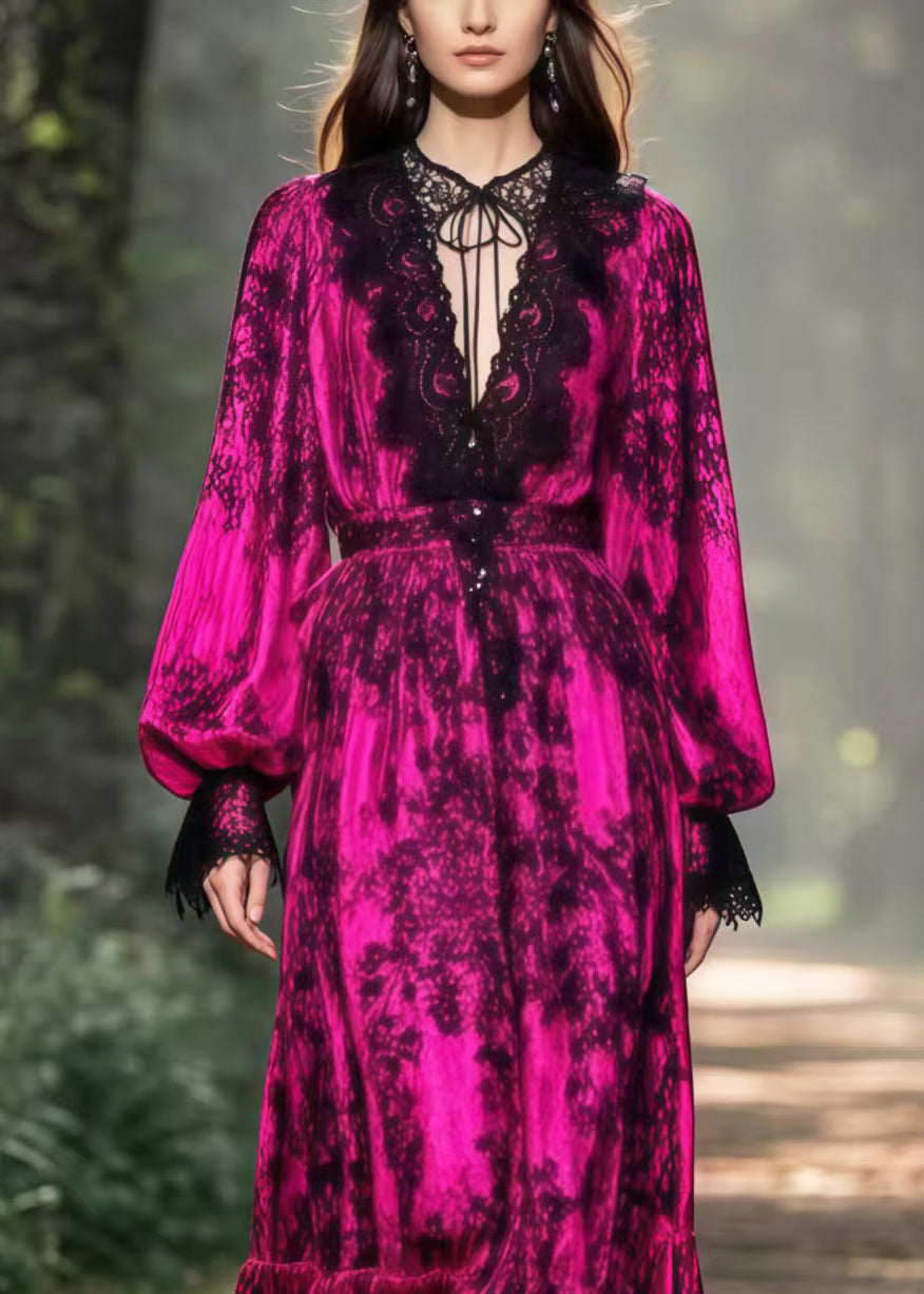 Boho Rose V Neck Patchwork Lace Maxi Dress Lantern Sleeve