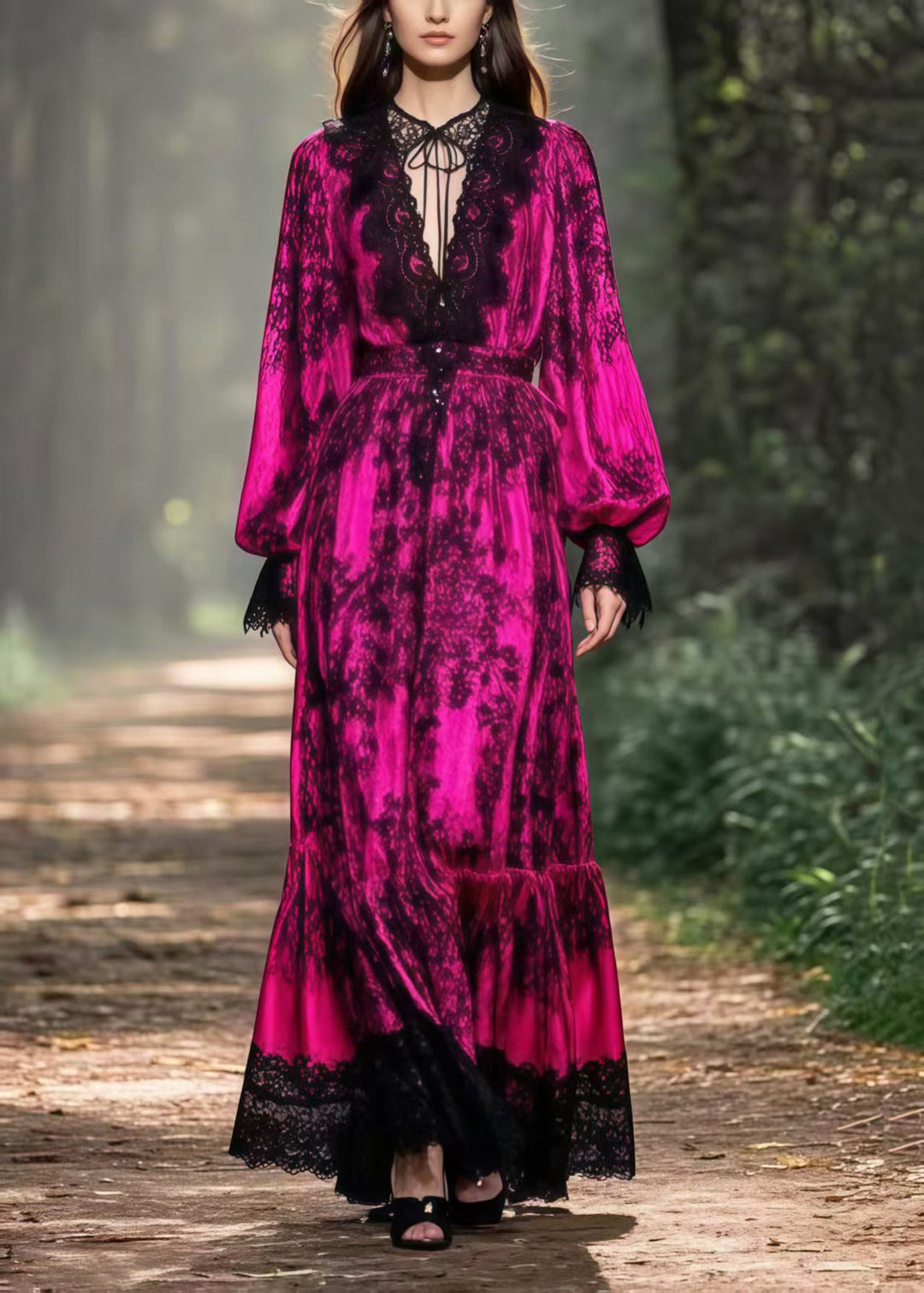 Boho Rose V Neck Patchwork Lace Maxi Dress Lantern Sleeve