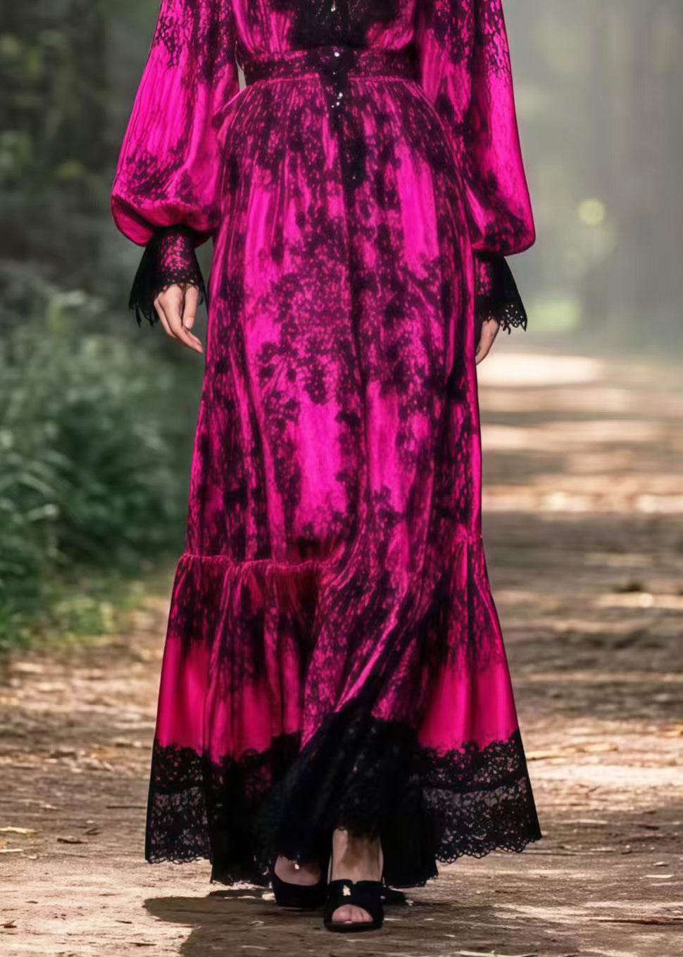 Boho Rose V Neck Patchwork Lace Maxi Dress Lantern Sleeve
